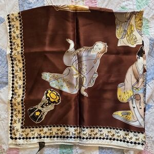 Japanese Geisha Motif Acetate Square Scarf Brown, Pink, Blue, Tan Size 30 X 30